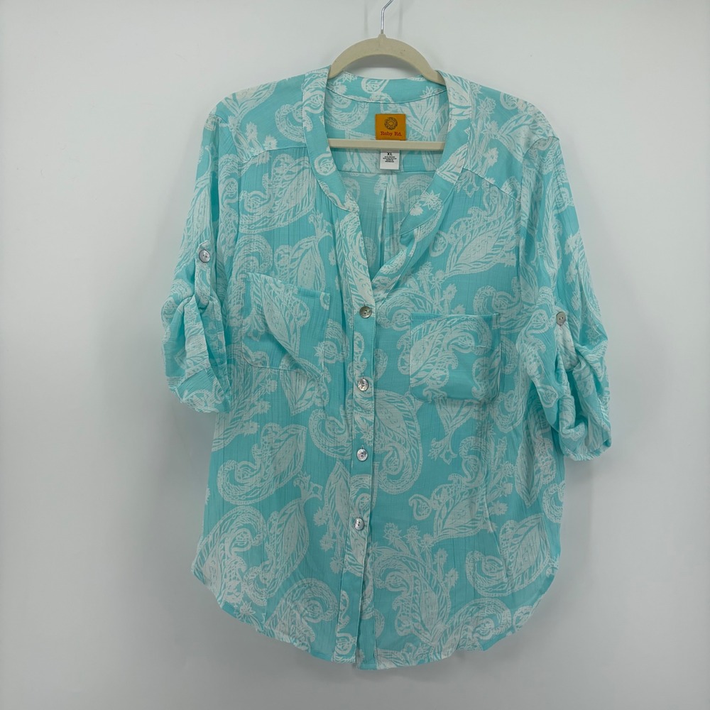 Ruby Rd Womens XL Turquoise Paisley Button Up Roll Tab Sleeve Blouse Top
